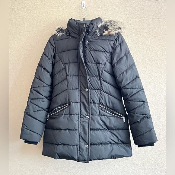 London Fog Faux Fur Trim Hooded Down Puffer Coat - Picture 1 of 10